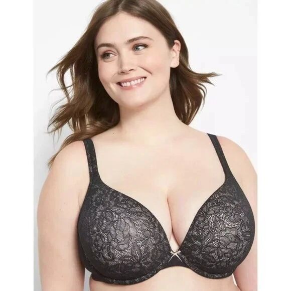 NWT Lane Bryant Cacique 42C Cotton Collection Boost Plunge Bra Black Lace - Picture 1 of 10